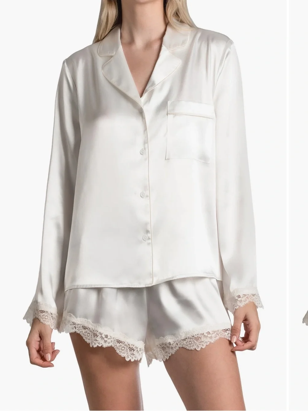 Classic Satin Lace-Trim Pajama Set in Ivory